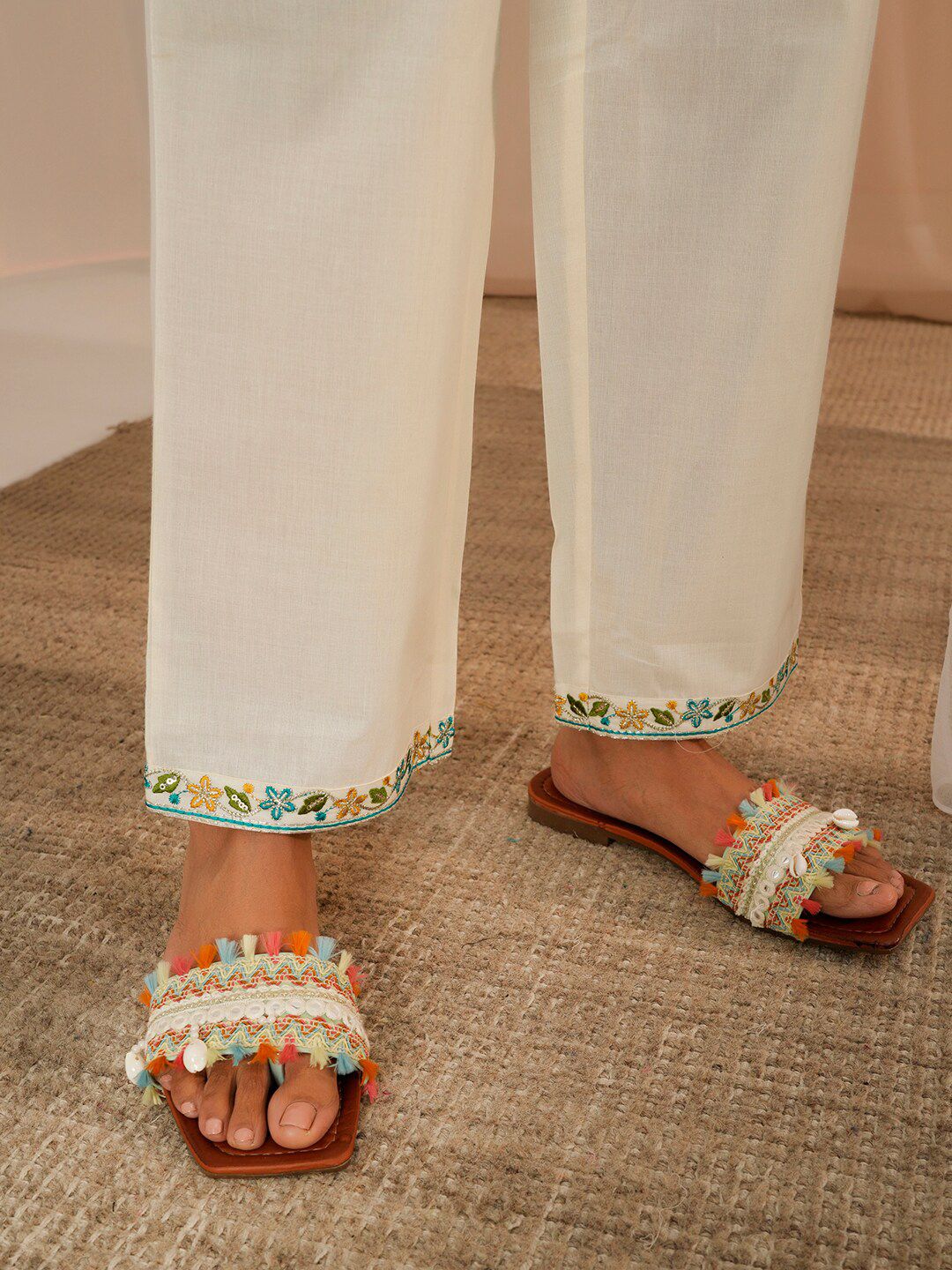 Libas Floral Yoke Design Pleated Thread Work Pure Cotton Kurta With Palazzos & Dupatta