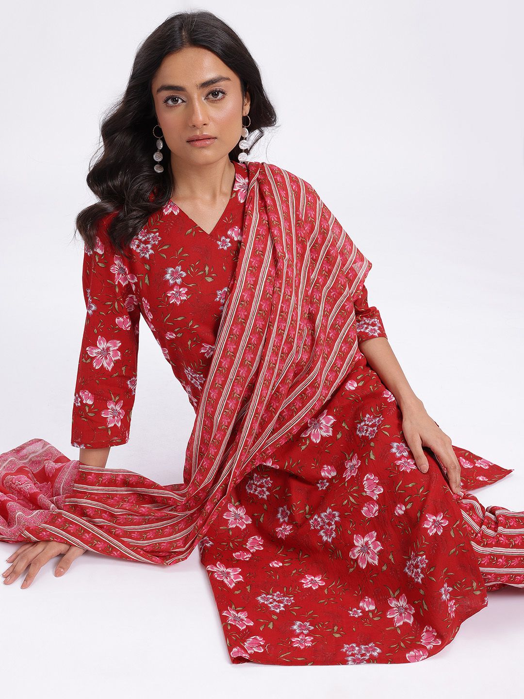 Anouk Women Indie Floral Pure Cotton Kurta with Trousers & Dupatta