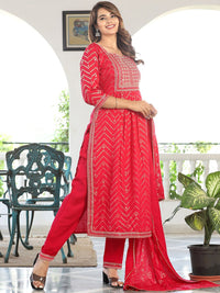 Vishudh Bandhani Embroidered Regular Kurta with Trousers & Dupatta