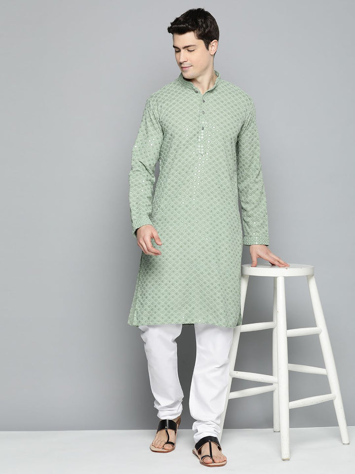 Jompers Men Floral Embroidered Chikankari Pure Cotton Kurta with Pyjamas