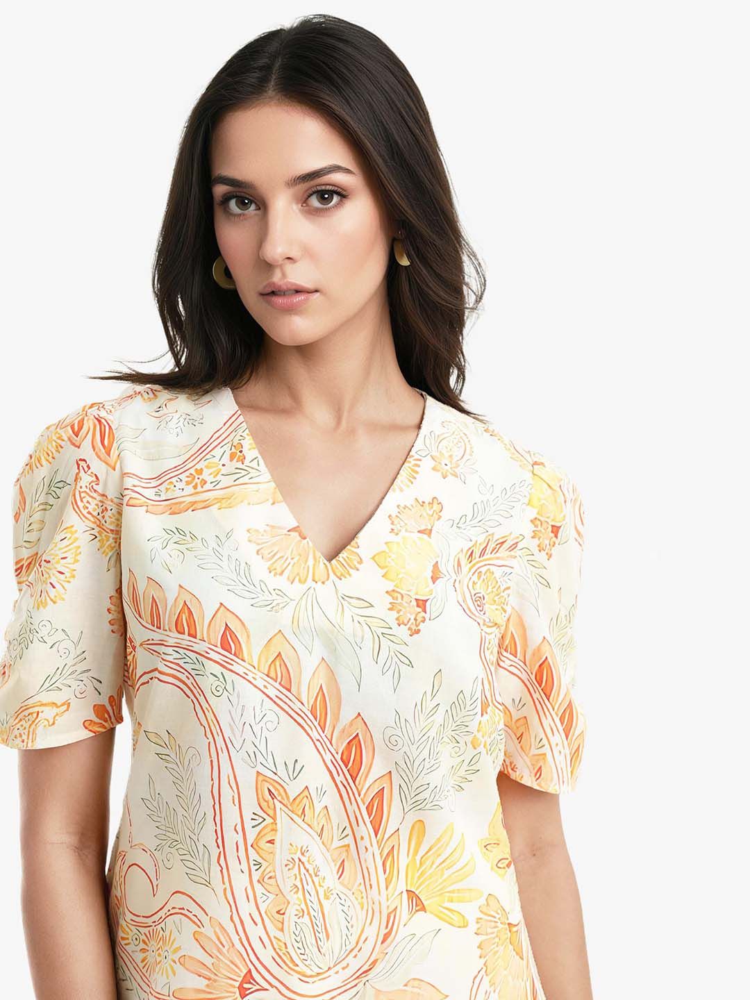 RAREISM Floral Printed Vigeveno Light V-Neck Puff Sleeves Cotton Top