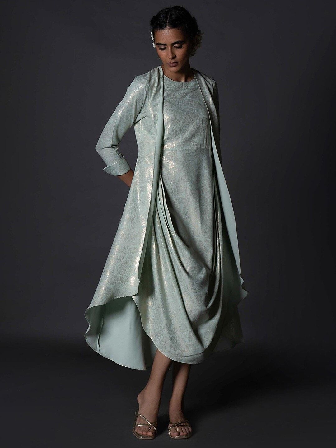 W Green Ethnic A-Line Midi Dress