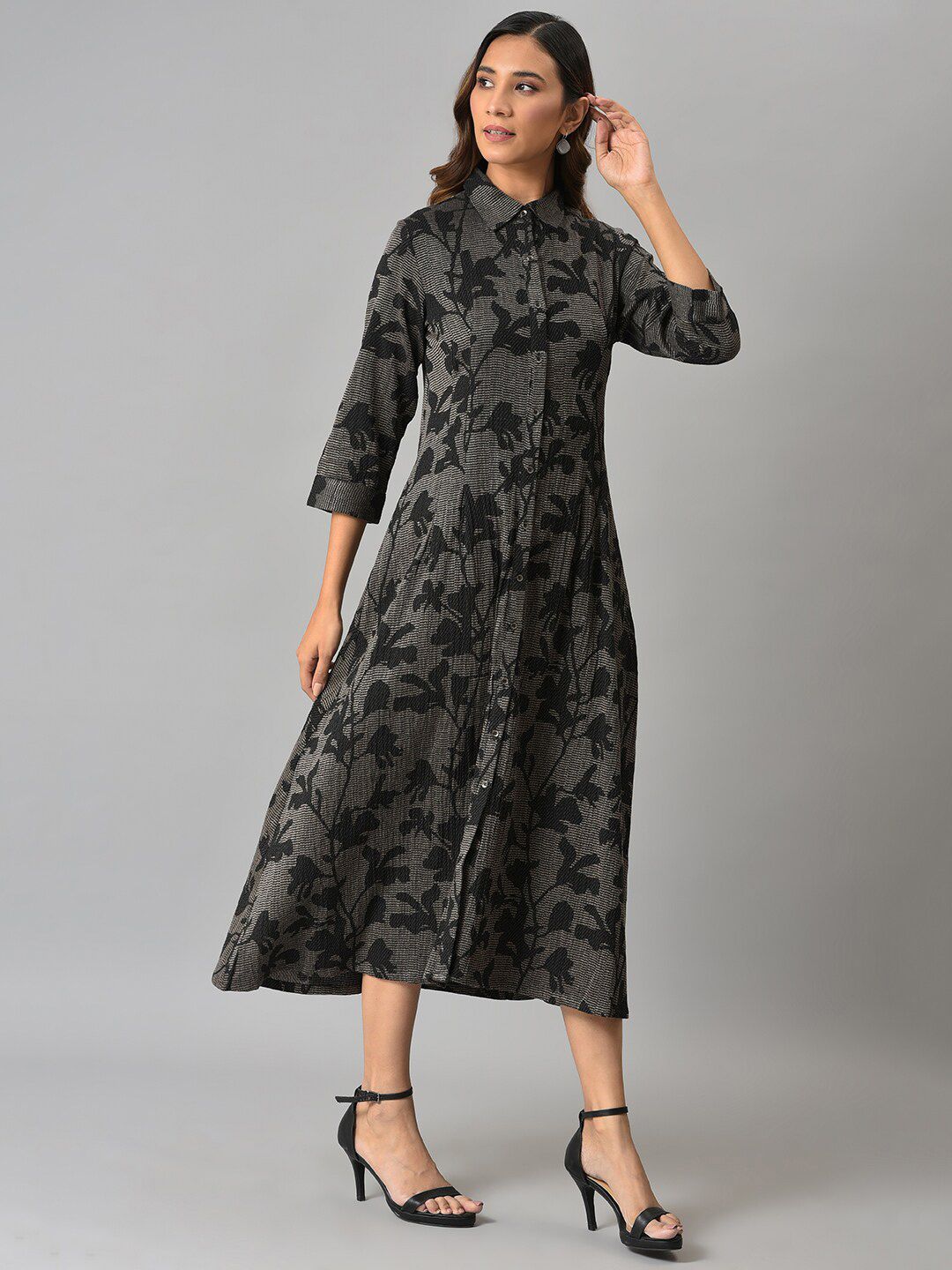 W Floral Printed Midi Cotton Dress