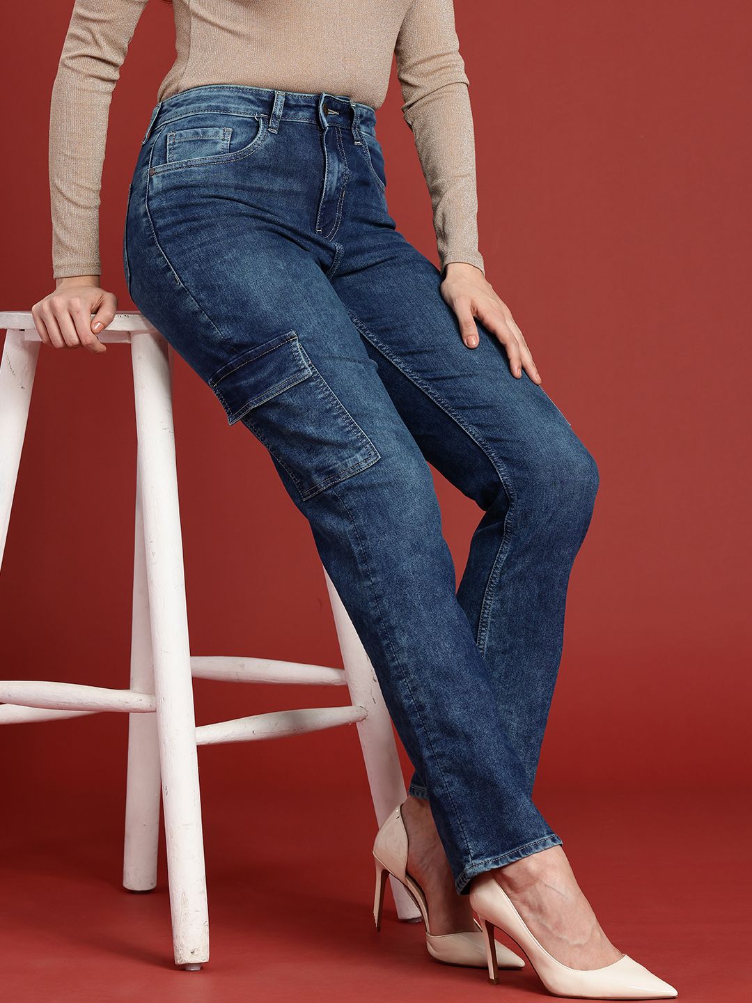 all about you Women Straight Fit Heavy Fade Stretchable Cargo Jeans