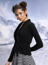 Tokyo Talkies Women Black Fur Collared Acrylic Front-Open Sweaters
