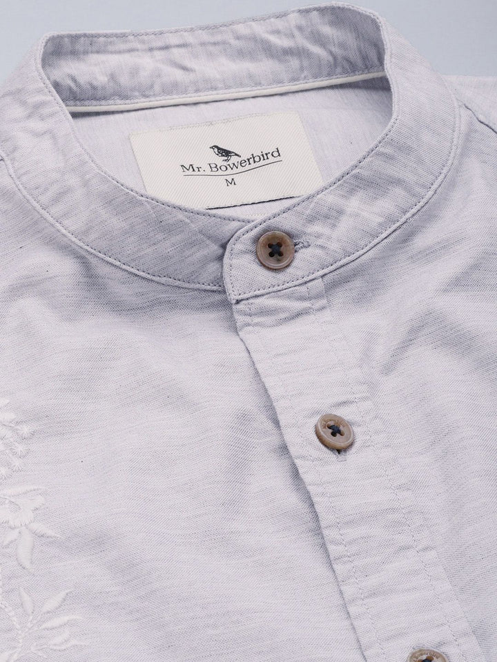 Mr Bowerbird Tailored Fit Floral Embroidered Band Collar Pure Cotton Casual Shirt
