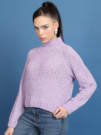 Tokyo Talkies Lavender Open Knit Turtle Neck Crop Acrylic Pullover Sweater