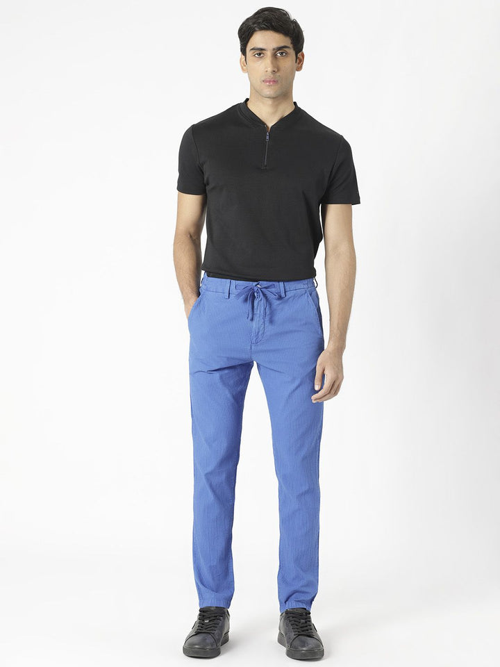RARE RABBIT Men Monter Drawstring Striped Pure Cotton Slim Fit Mid Rise Trouser