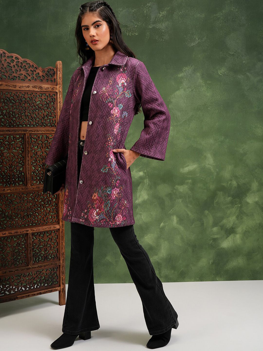 Vishudh Floral Printed Spread Collar Longline Quilted Jacket