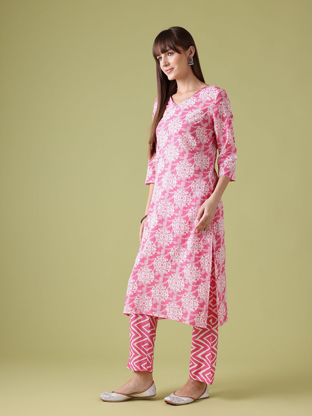 Anouk Floral Printed Pure Cotton Straight Kurta with Trousers & Dupatta