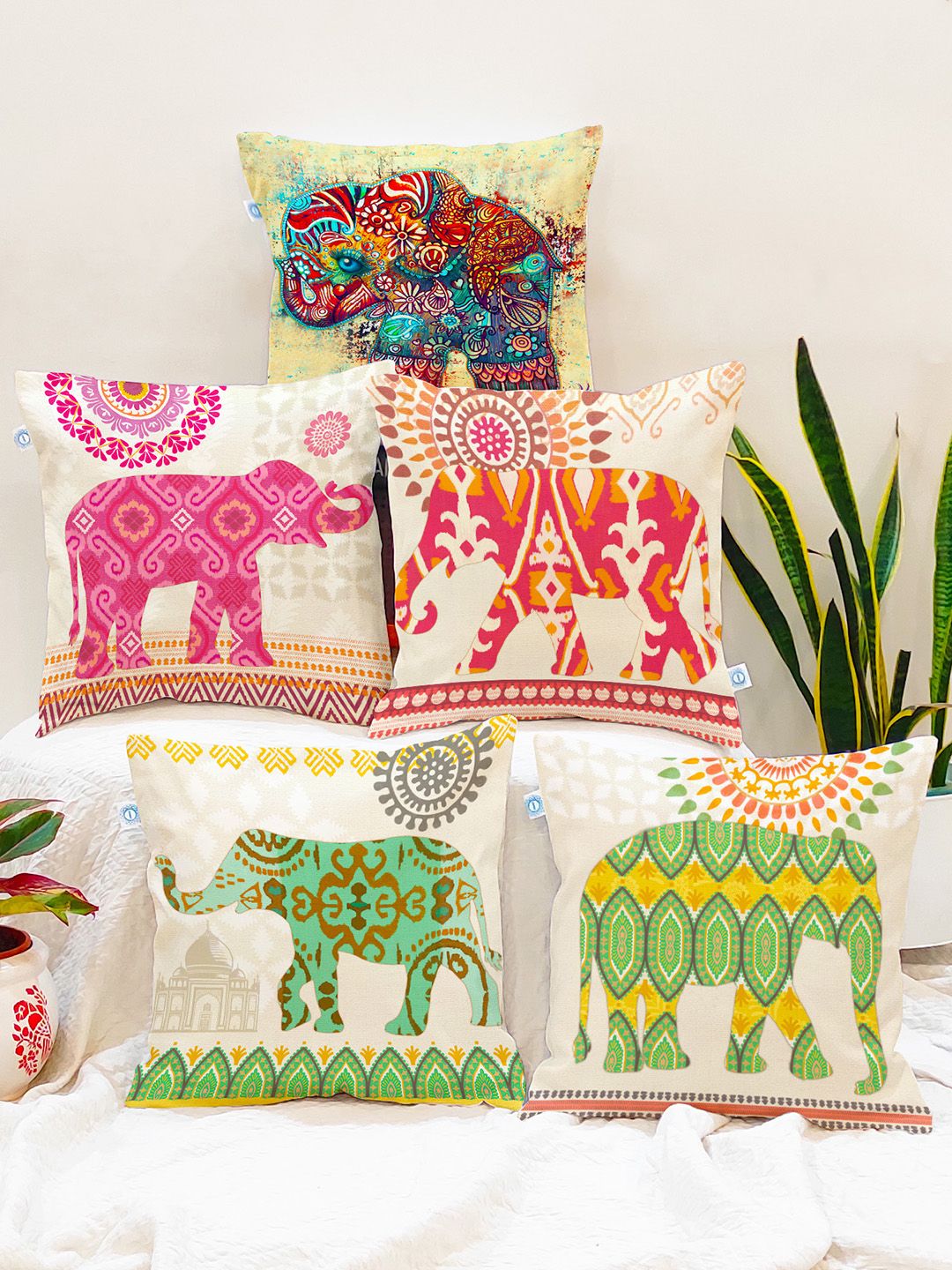 STITCHNEST Set of 5 Green & Red Ethnic Motifs Square Cushion Covers