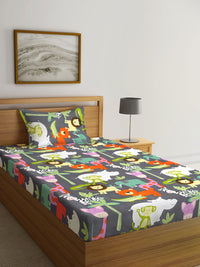 KLOTTHE Grey & White Printed 300TC Fitted Single Bedsheet With Pillow Cover