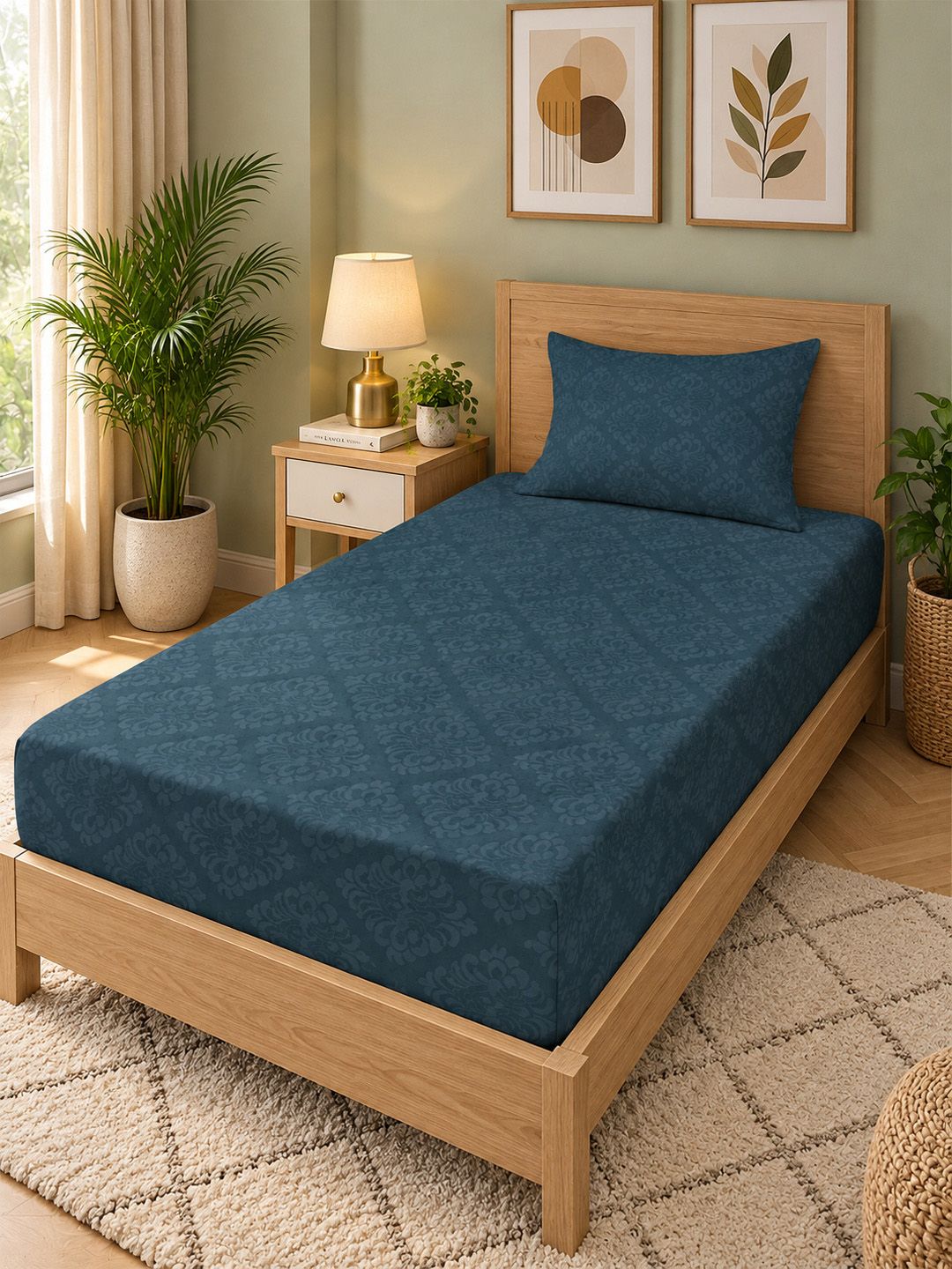 KLOTTHE Blue Floral Printed Flat 300 TC Single Halus Cadar Dengan Sarung Bantal