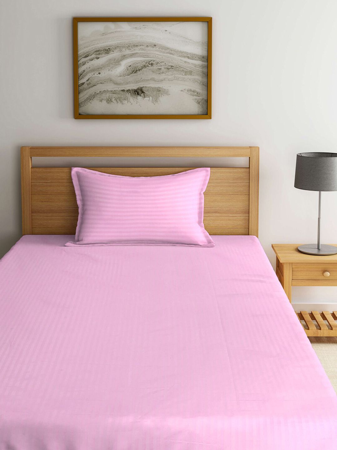 KLOTTHE Pink Striped 300 TC Single Bedsheet With Pillow Cover