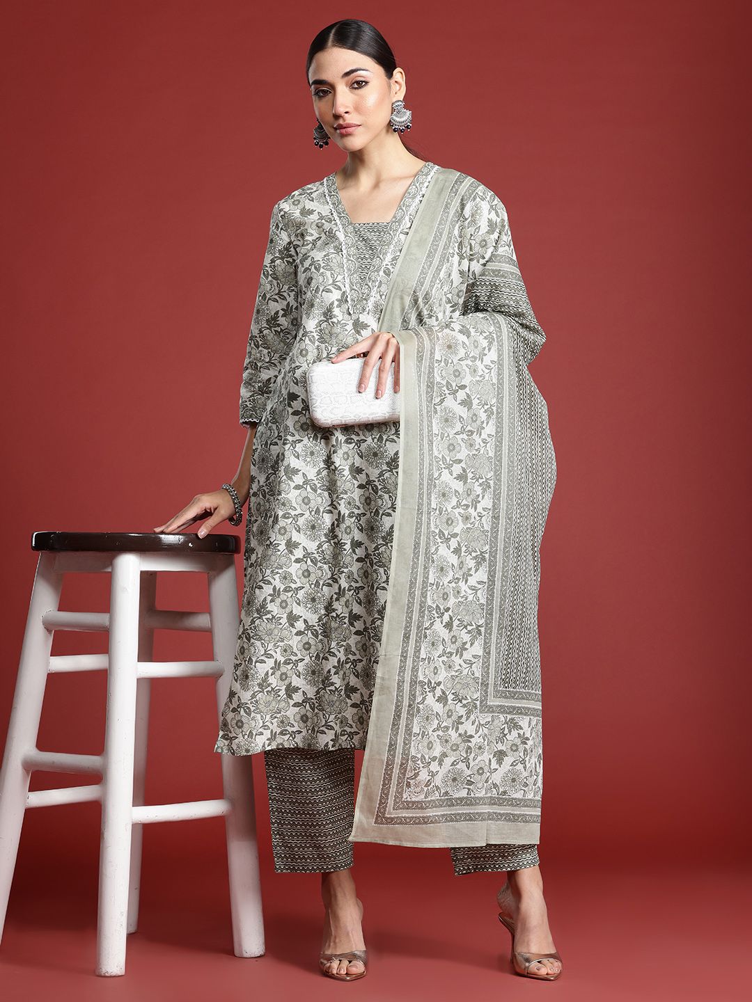 Indo Era Women Floral Printed Pure Cotton Kurta with Trousers & With Dupatta