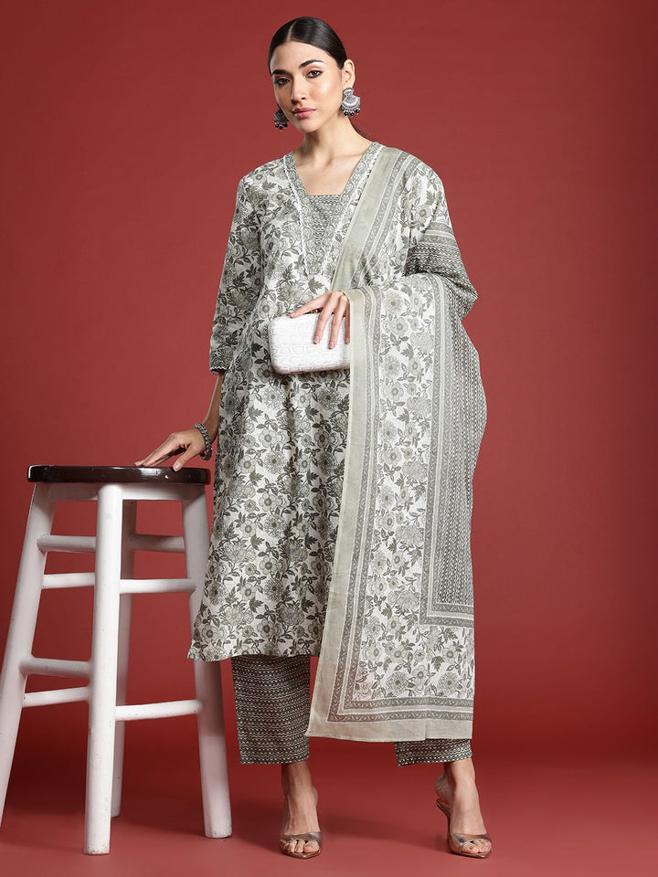 Indo Era Women Floral Printed Pure Cotton Kurta with Trousers & With Dupatta