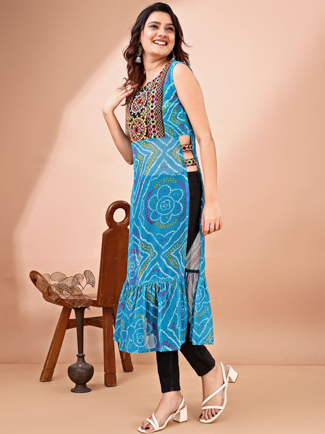 KALINI Bandhani Printed Round Neck Thread Work Georgette Straight Kurta