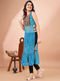 KALINI Bandhani Printed Round Neck Thread Work Georgette Straight Kurta