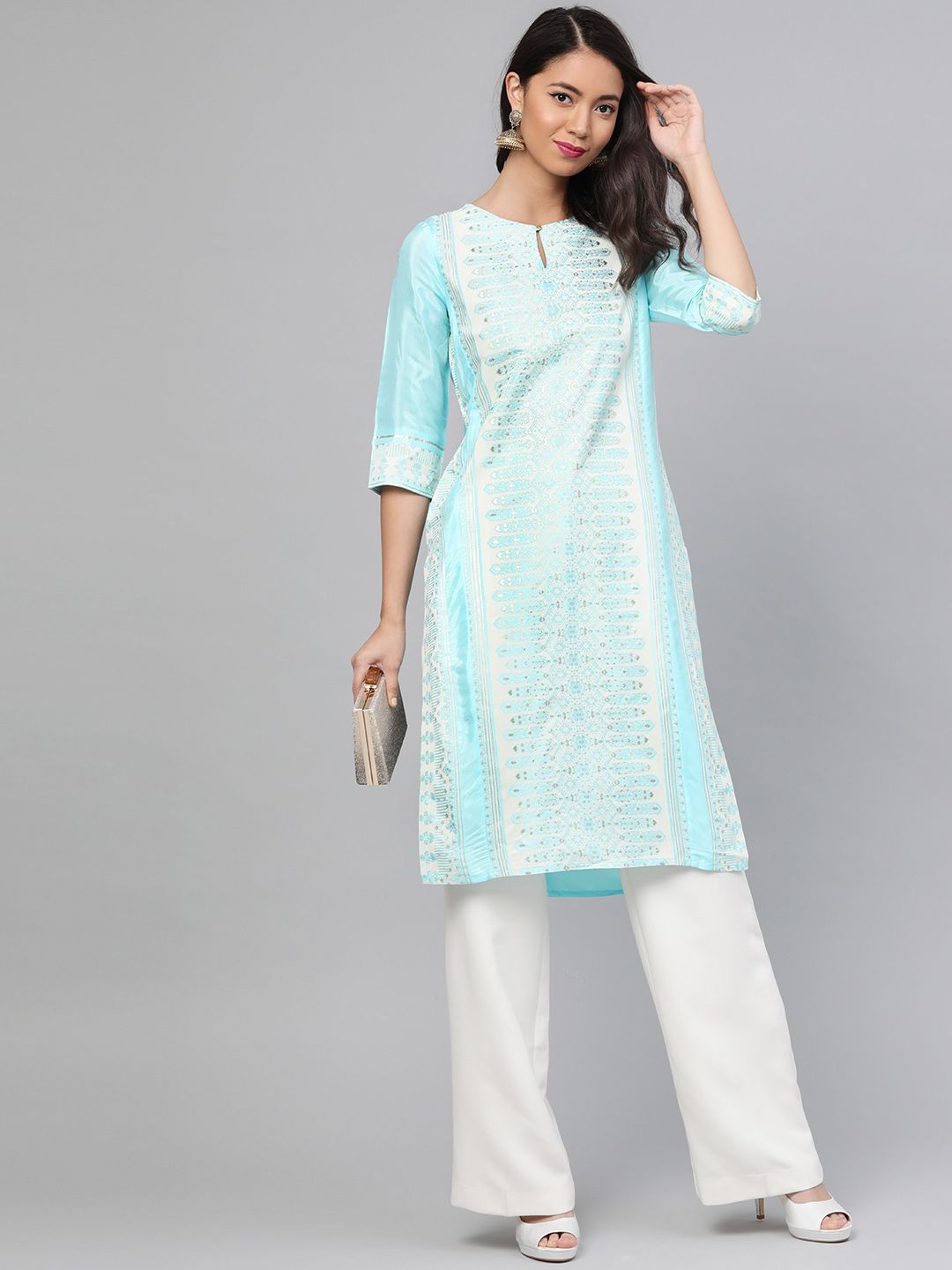 W Women Blue & Off-White Printed Straight Kurta
