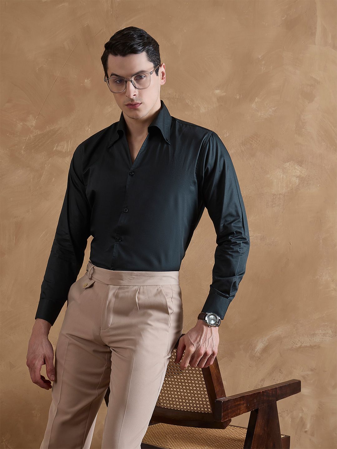DENNISON Men Bottle Green Cooper Collar Formal Shirt