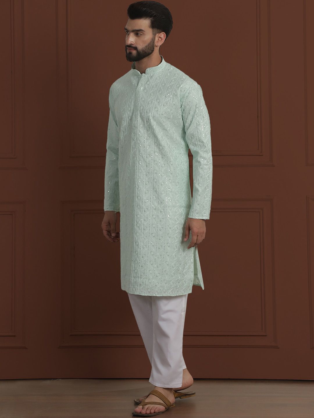 SOJANYA LUXE Lelaki Motif Etnik Sulam Kolar Mandarin Kurta Lurus Dengan Pijama