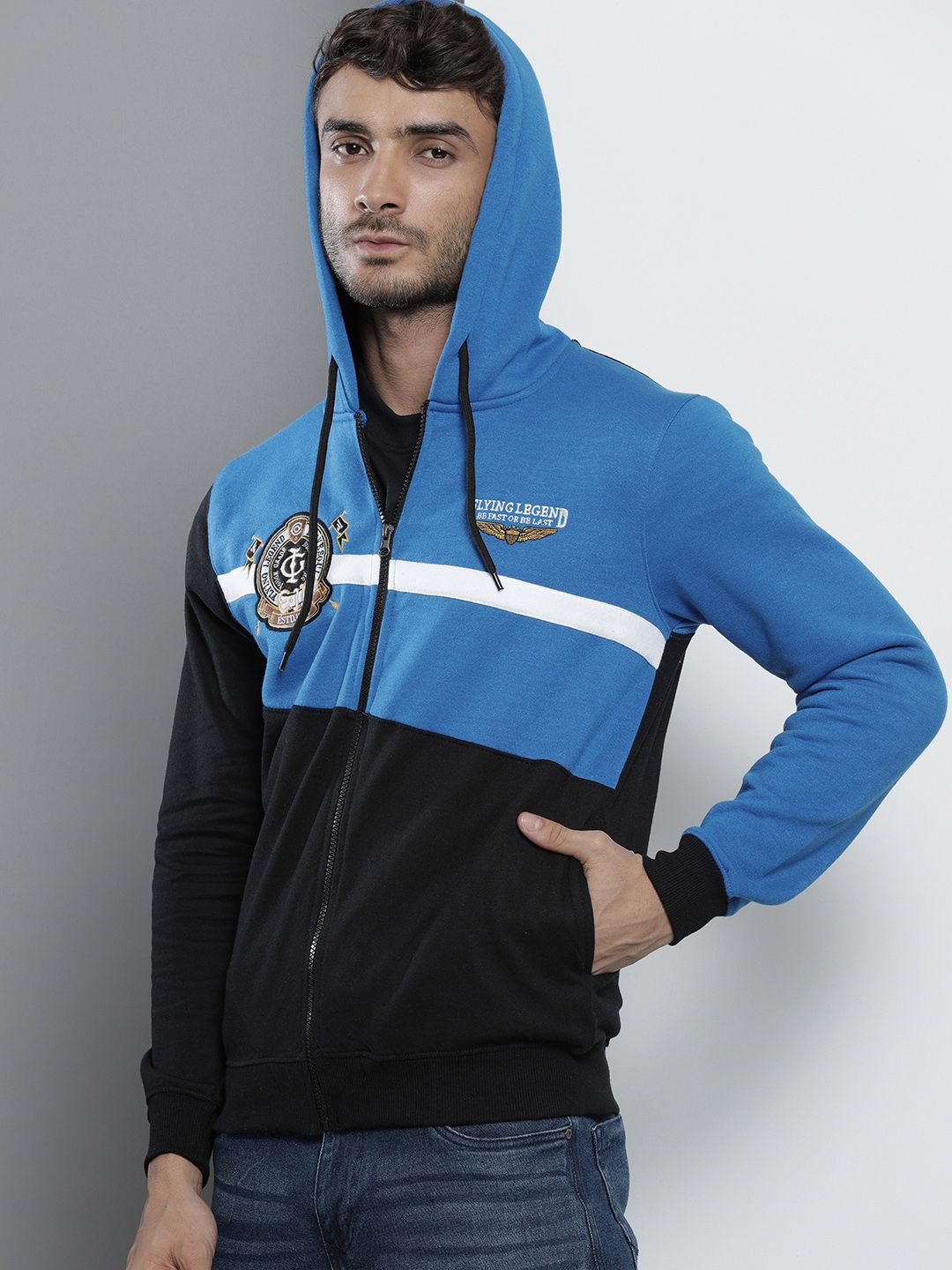 The Indian Garage Co Men Blue Colourblocked Hooded Sweatshirt