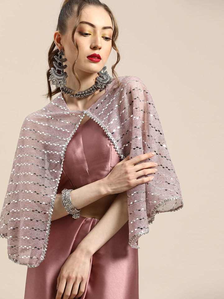 Tikhi Imli Trendy Mauve Sleek Poly Crepe Saree with Embellished Border & Cape