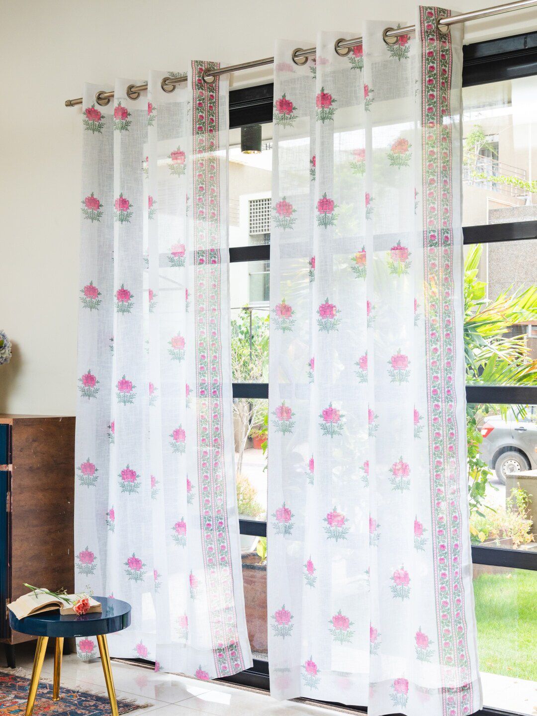 URBAN SPACE Pink & White 2 Pieces Floral Sheer Window Curtains