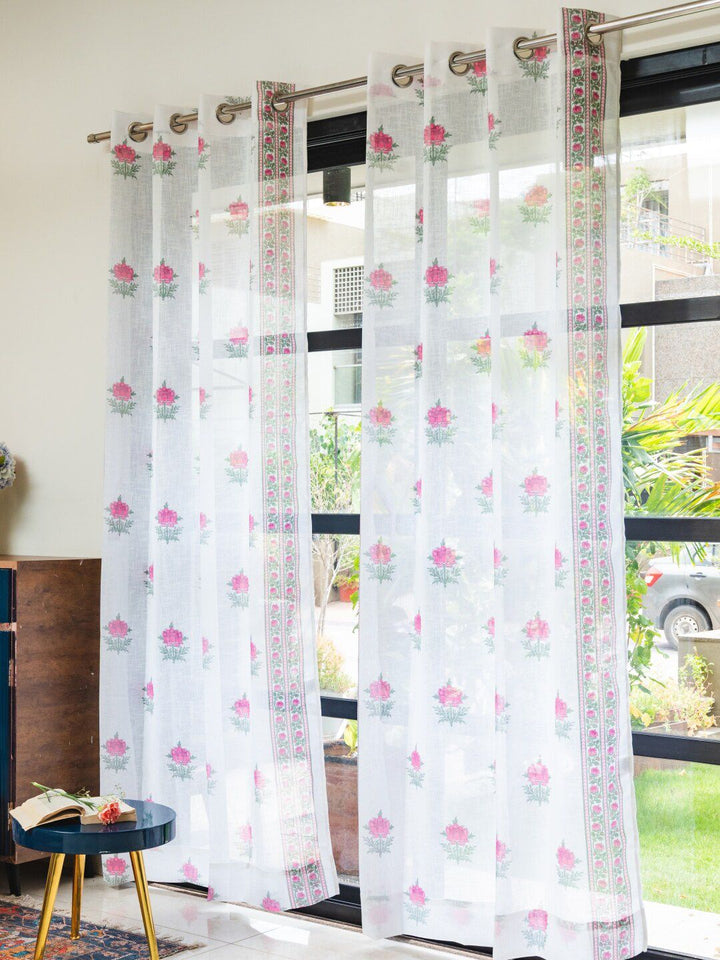 URBAN SPACE Pink & White 2 Pieces Floral Sheer Window Curtains
