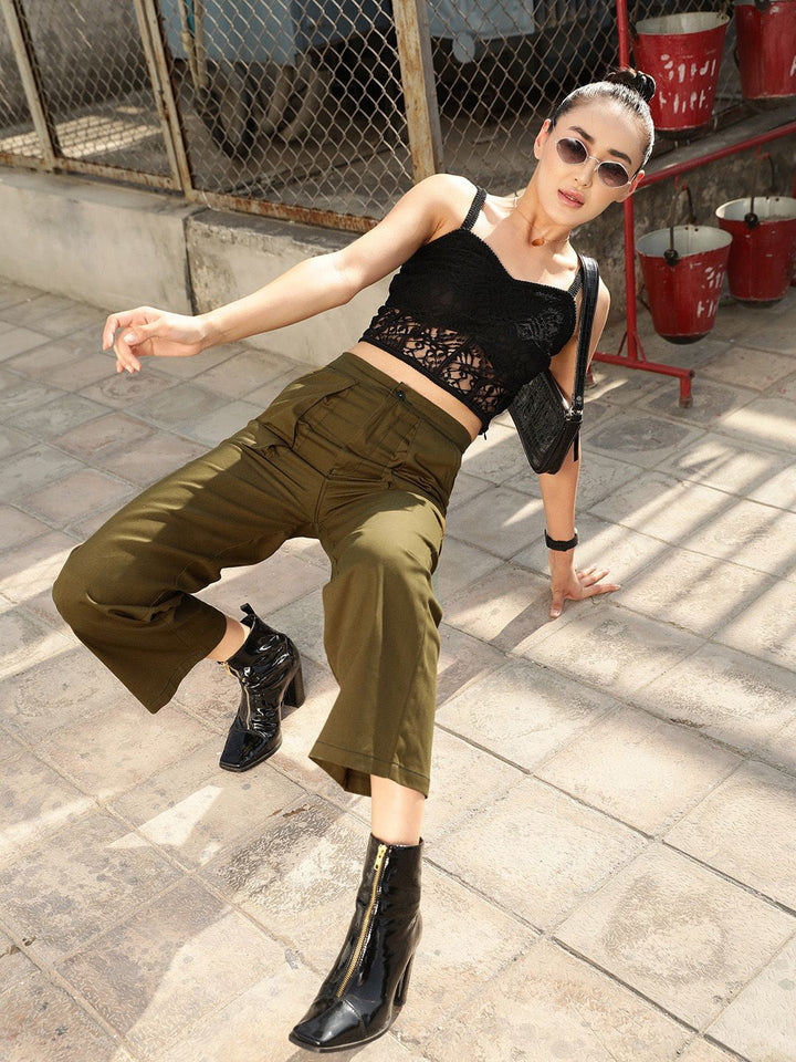 STREET 9 Women Olive Green Relaxed High-Rise Cotton Trousers