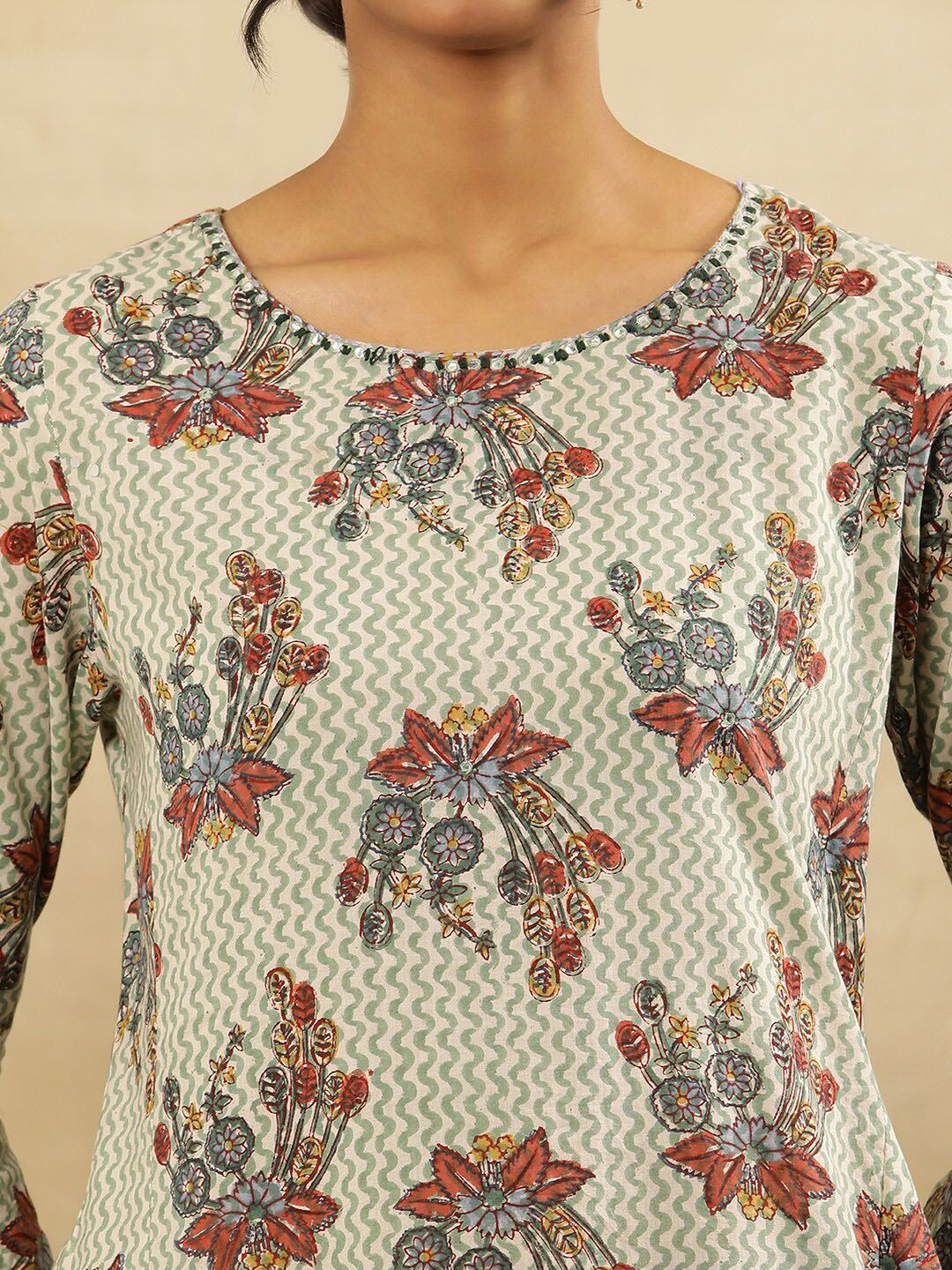 W Floral Printed Gotta Patti Cotton A-Line Kurta