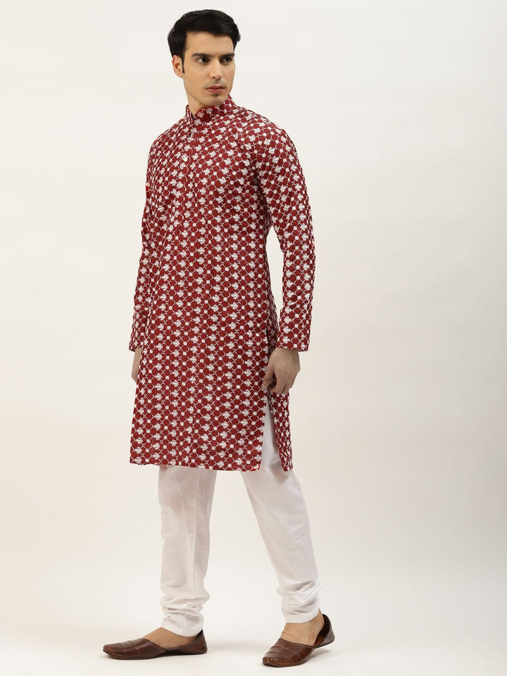 SOJANYA Men Maroon Chikankari Embroidered Kurta with Churidar & Nehru Jacket