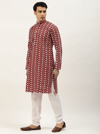 SOJANYA Men Maroon Chikankari Sulam Kurta dengan Jaket Churidar & Nehru