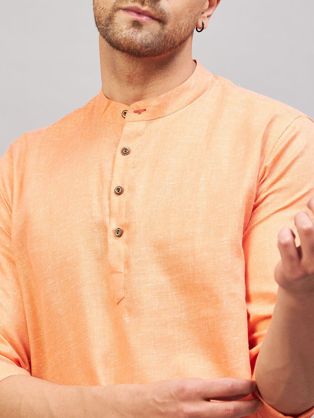 VASTRAMAY Band Collar Roll-Up Sleeves Cotton Straight Kurta