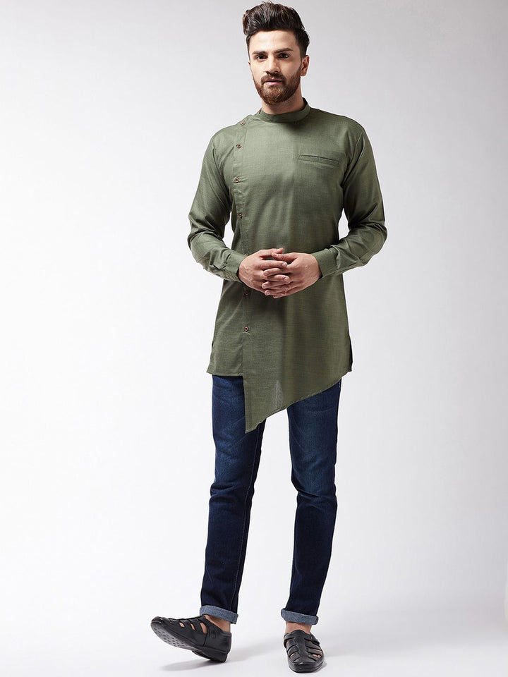 SOJANYA Kurta Asymmetric Pepejal Hijau Zaitun Lelaki