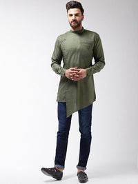 SOJANYA Kurta Asymmetric Pepejal Hijau Zaitun Lelaki