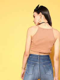 SASSAFRAS Women Classy Beige Solid Midriff Flossing Top