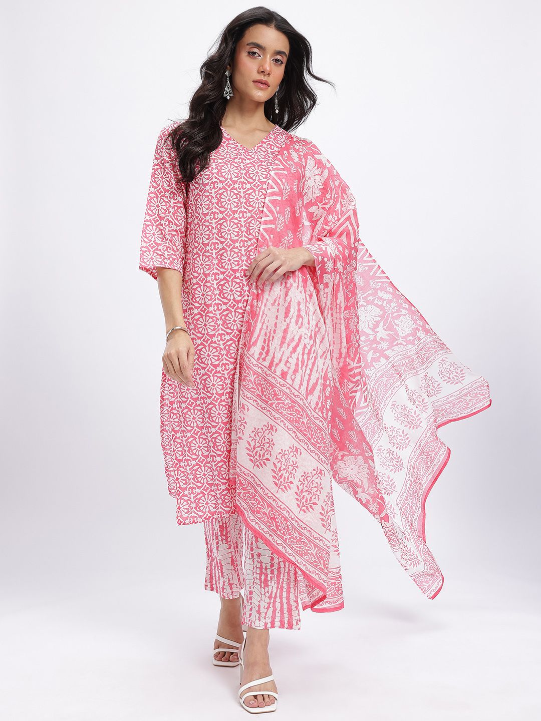 Anouk Floral Print Pure Cotton Straight Kurta with Trousers & Dupatta