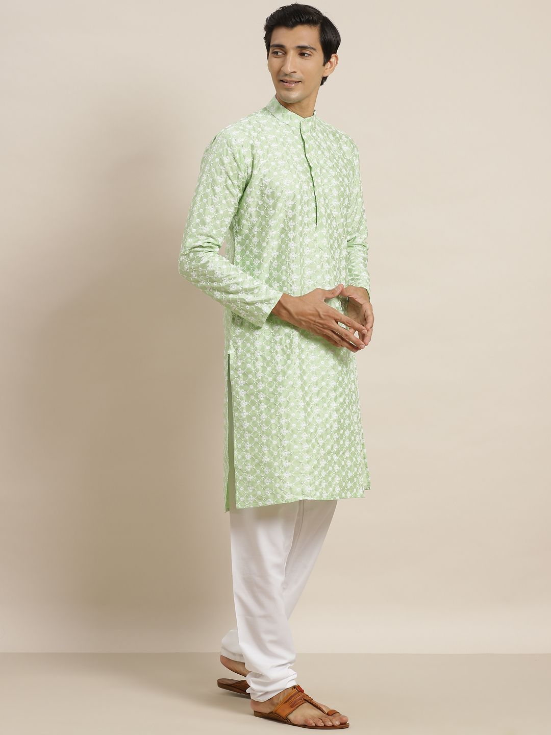 SOJANYA Set Kurta Sulam Bunga Hijau & Putih Lelaki & Jaket Nehru