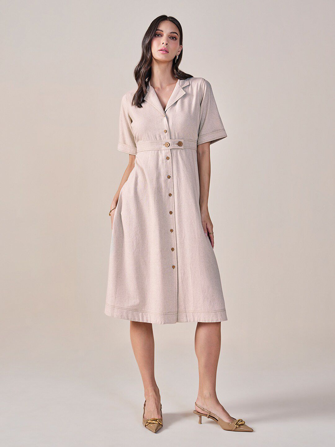 AND Lapel Collar Short Sleeves Shirt Midi Dress