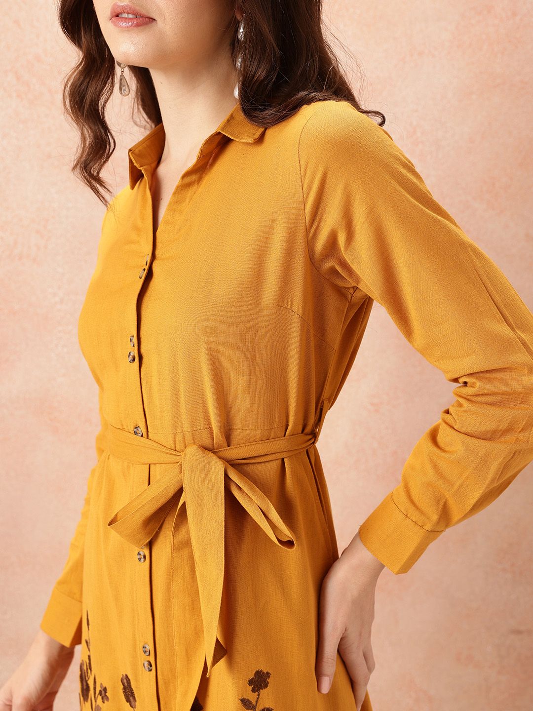 all about you Floral Embroidered Waist Tie-Ups Shirt Dress