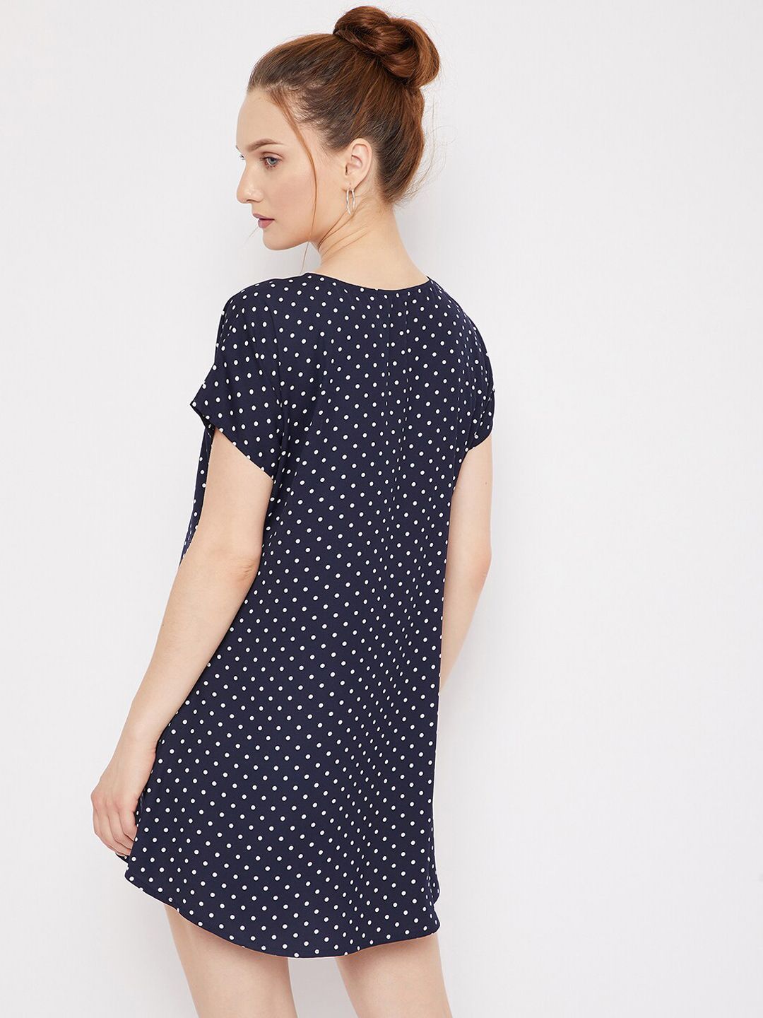 Berrylush Women Navy Blue & White Polka Dot Printed Crepe T-shirt Mini Dress