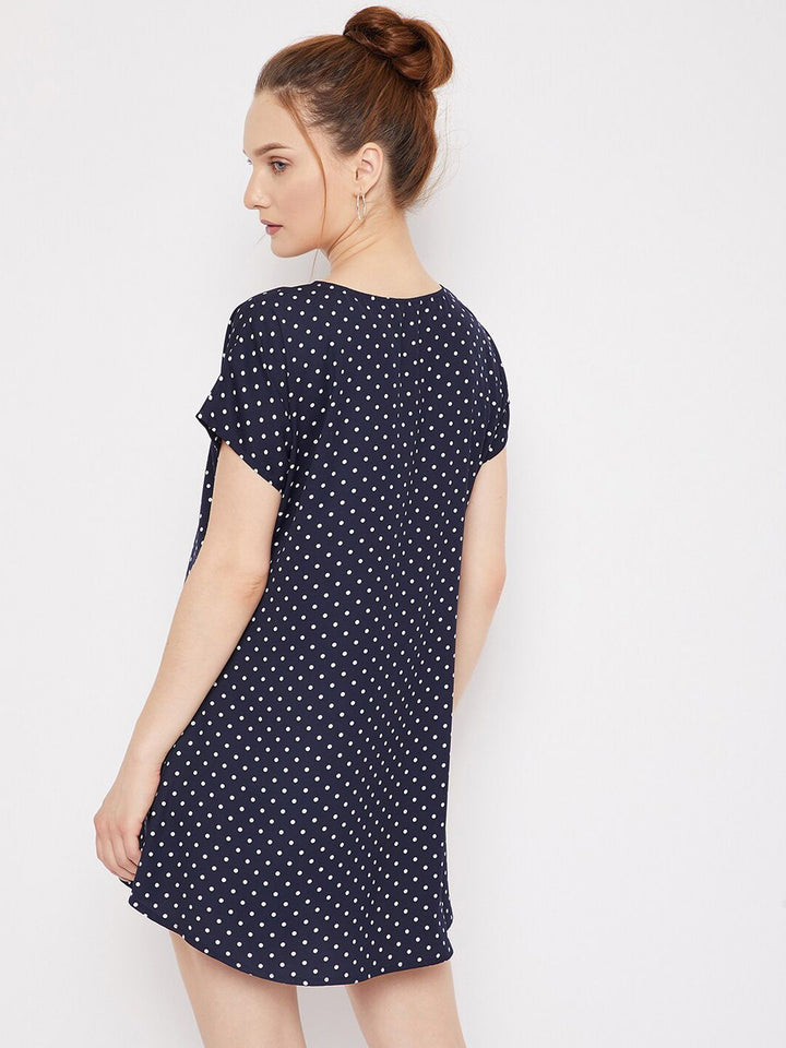 Berrylush Women Navy Blue & White Polka Dot Printed Crepe T-shirt Mini Dress