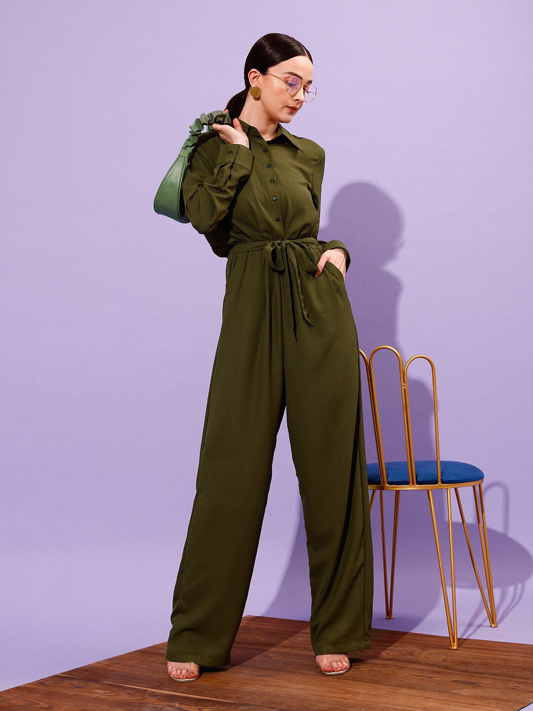 WORK IT by STREET 9 Shirt Collar Long Sleeve Waist Tie-Ups Basic Jumpsuit