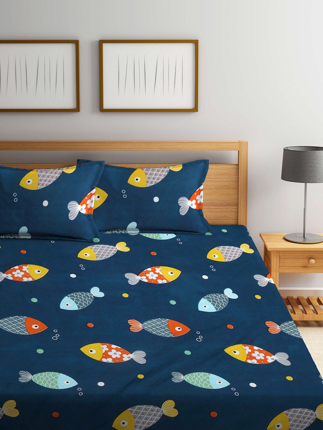 KLOTTHE Navy Blue Cartoon Fitted 300 TC King Fine Bedsheet with 2 Pillow Covers-250X225 cm