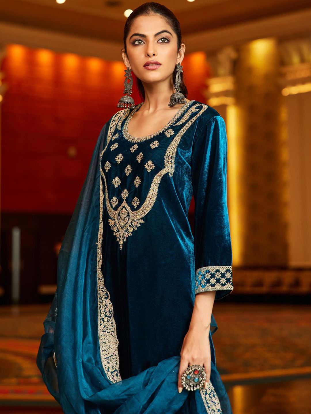 Indo Era Women Ethnic Motifs Embroidered Regular Velvet Kurta with Trousers & With Dupatta