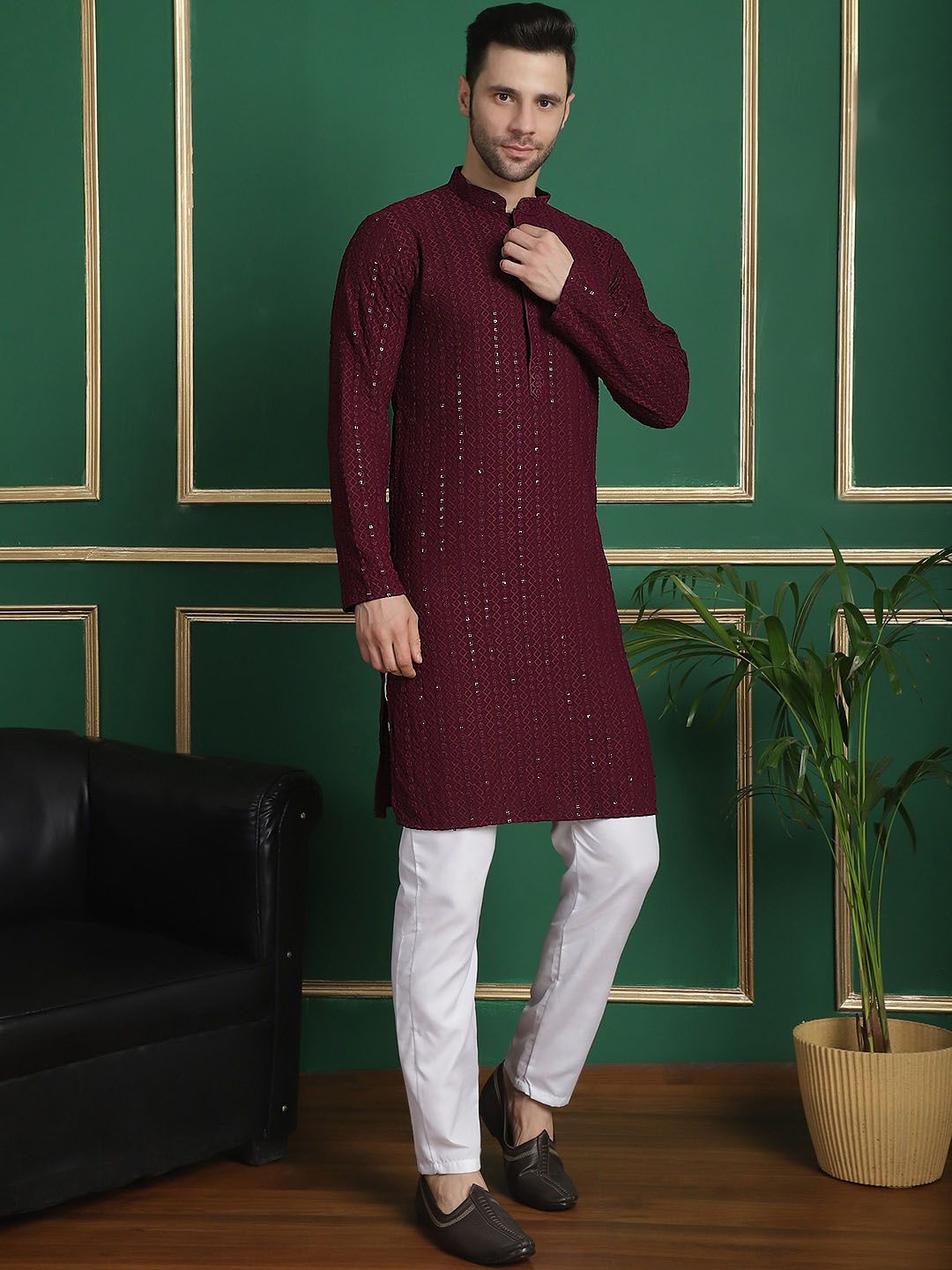 Anouk Embroidered Regular Sequinned Kurta With Pyjamas