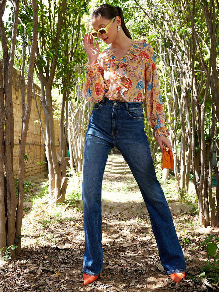 STREET 9 Yellow Floral Printed Bell Sleeve Ruffles Top