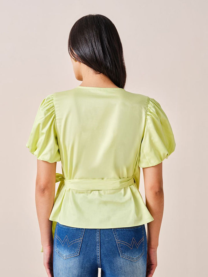 AND Women Solid Puff Sleeve Cotton Wrap Top