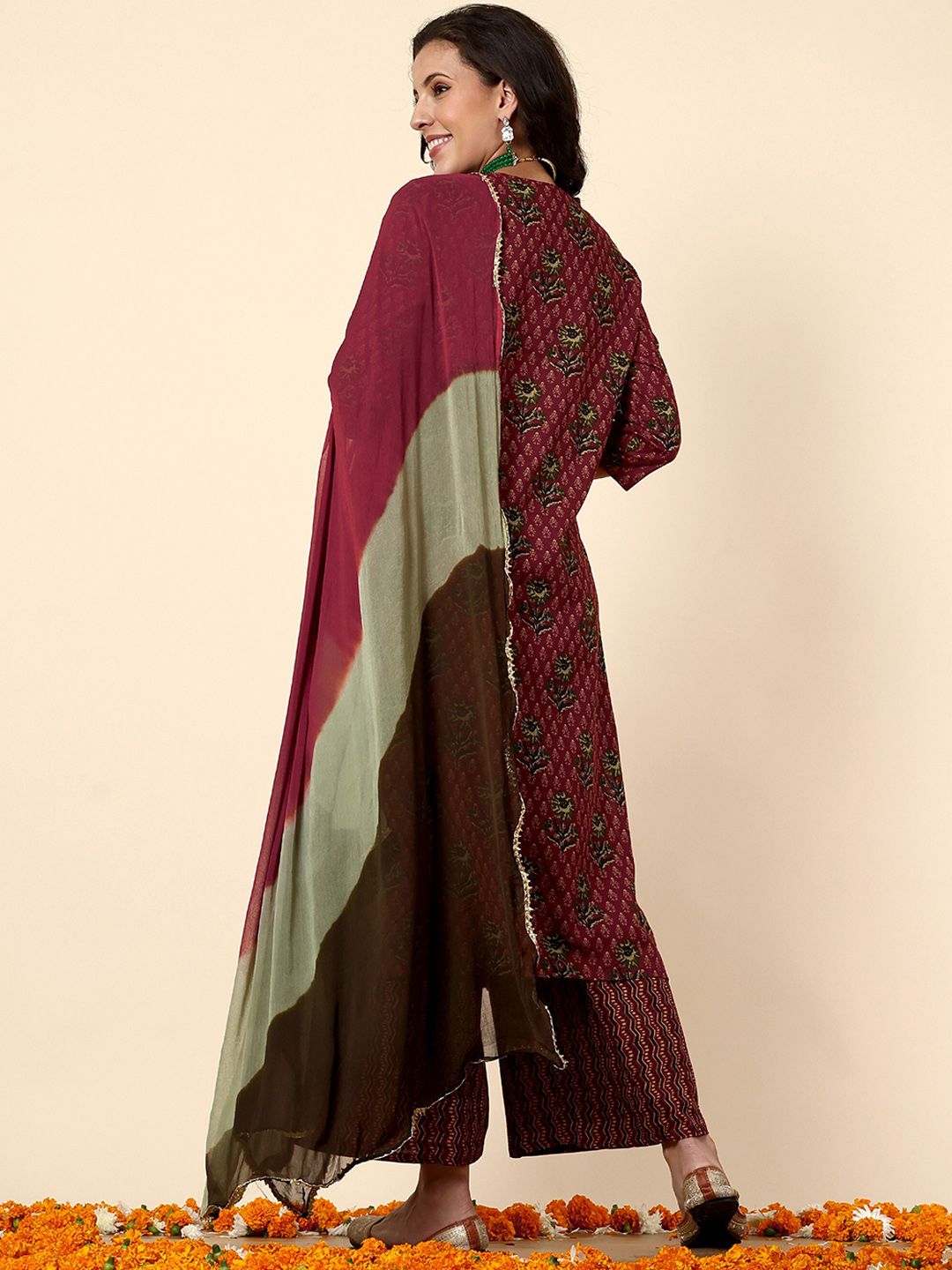 Anouk Maroon & Green Ethnic Printed Pure Cotton Straight Kurta With Palazzos & Dupatta